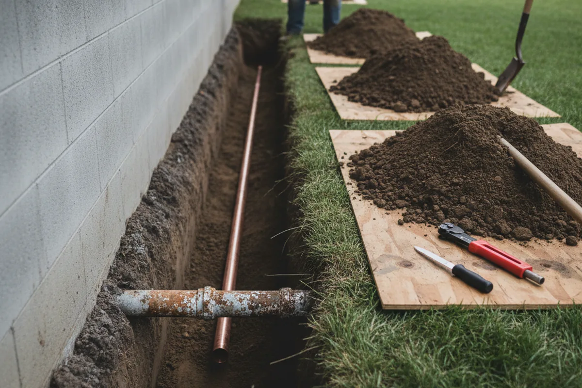 Excavated water line trench during Water Heater Repair in Hazelhurst